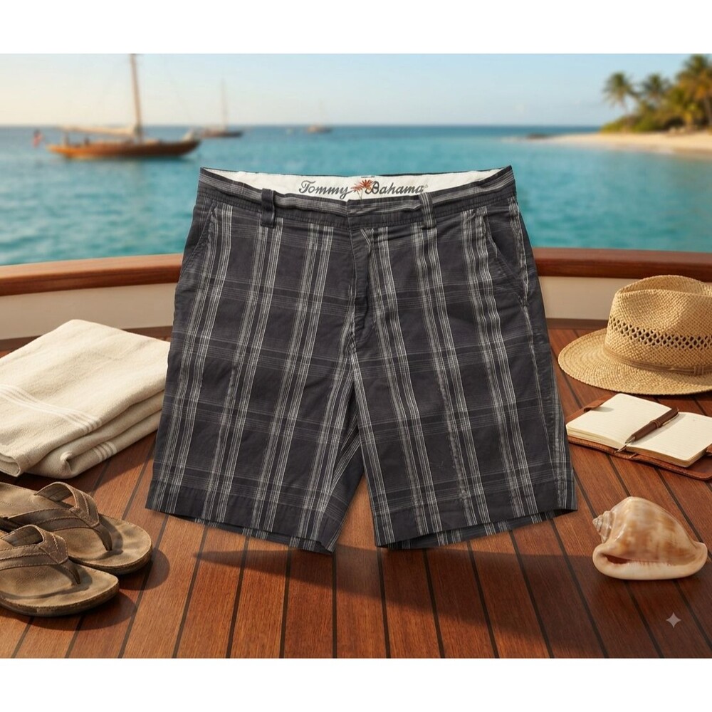 Tommy Bahama Paradise Nation Men’s Shorts Size 32 Silk Cotton Plaid Gray Black